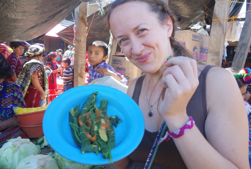 Simone tasting the local delicacies in Nebaj, an indigenous town in the highlands of Guatemala